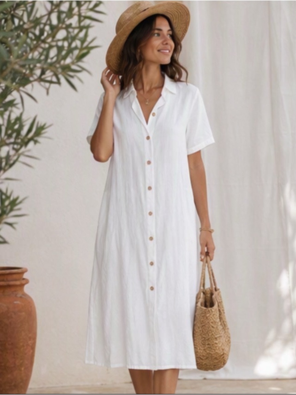 🎀🌷 100% Cotton White Button-Front Midi Shirt Dress 🌷🎀 NWT